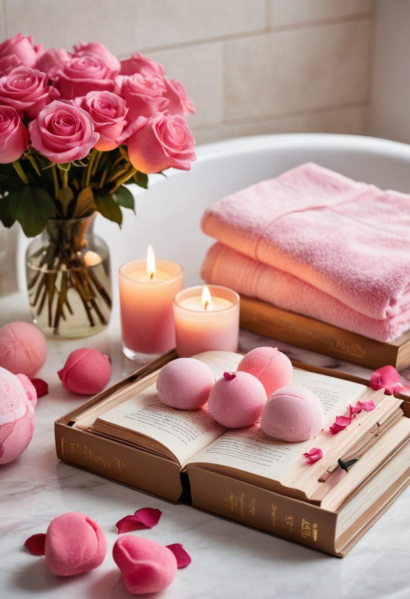 A serene spa setting adorned with soft pink hues, showcasing plush towels, delicate rose petals, and an inviting bath filled with pink bath bombs. A soft candlelight flickers in the background, highlighting essential oils and herbal teas arranged elegantly. Include a beautiful journal with an encouraging quote displayed prominently. Emphasize tranquility and self-care. super-realistic. vibrant colors. calming atmosphere.