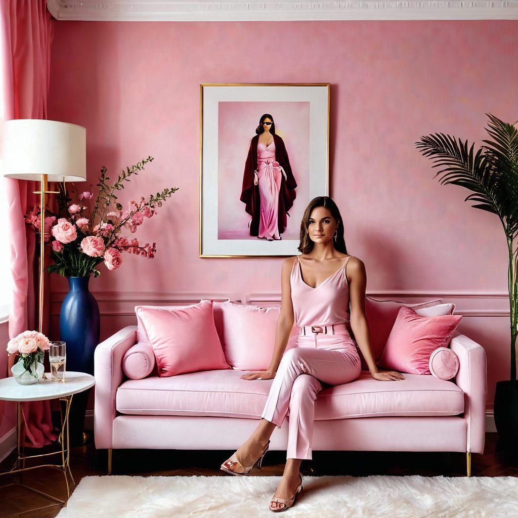 A stylish woman standing confidently in a pink-themed room, surrounded by chic decor elements like soft pink cushions, elegant flowers, and shimmering accessories. She radiates charm and beauty, wearing a trendy outfit with pops of pink. The scene has warm, inviting lighting that enhances the pink hues and creates a feeling of positivity and elegance. Illustrate a sense of lifestyle that celebrates vibrancy and femininity. super-realistic. pastel colors. cozy atmosphere.