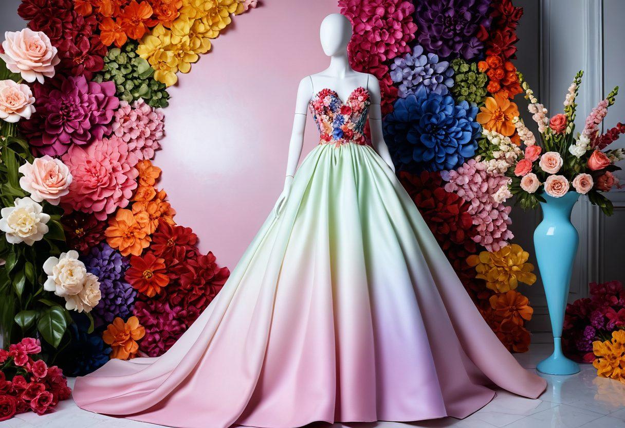 A luxurious dress adorned with vibrant, oversized floral patterns draped elegantly on a mannequin, surrounded by lush flowers in full bloom. The background features a soft pastel color gradient to add depth and contrast, with shimmering light reflecting off the petals. Incorporate stylish accessories like bold earrings and a trendy handbag to accentuate the glamorous theme. super-realistic. vibrant colors. elegant ambiance.